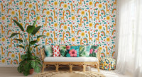 Home wall mural showing friendly giraffe and rainbow pattern