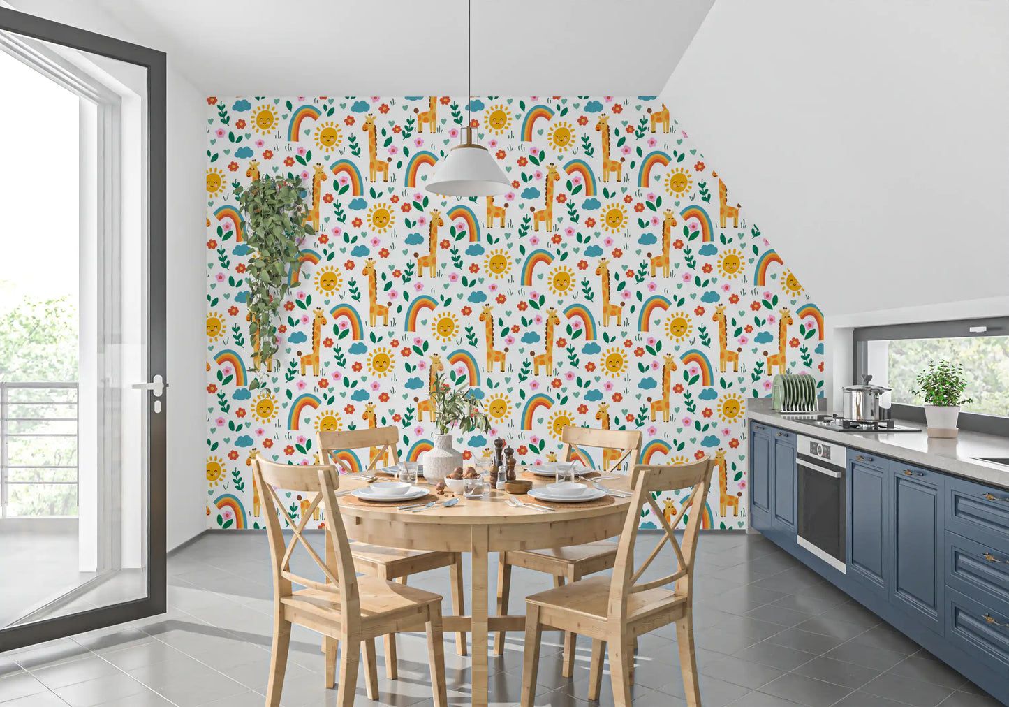Kitchen area wallpaper featuring cartoon giraffes, clouds and rainbows 