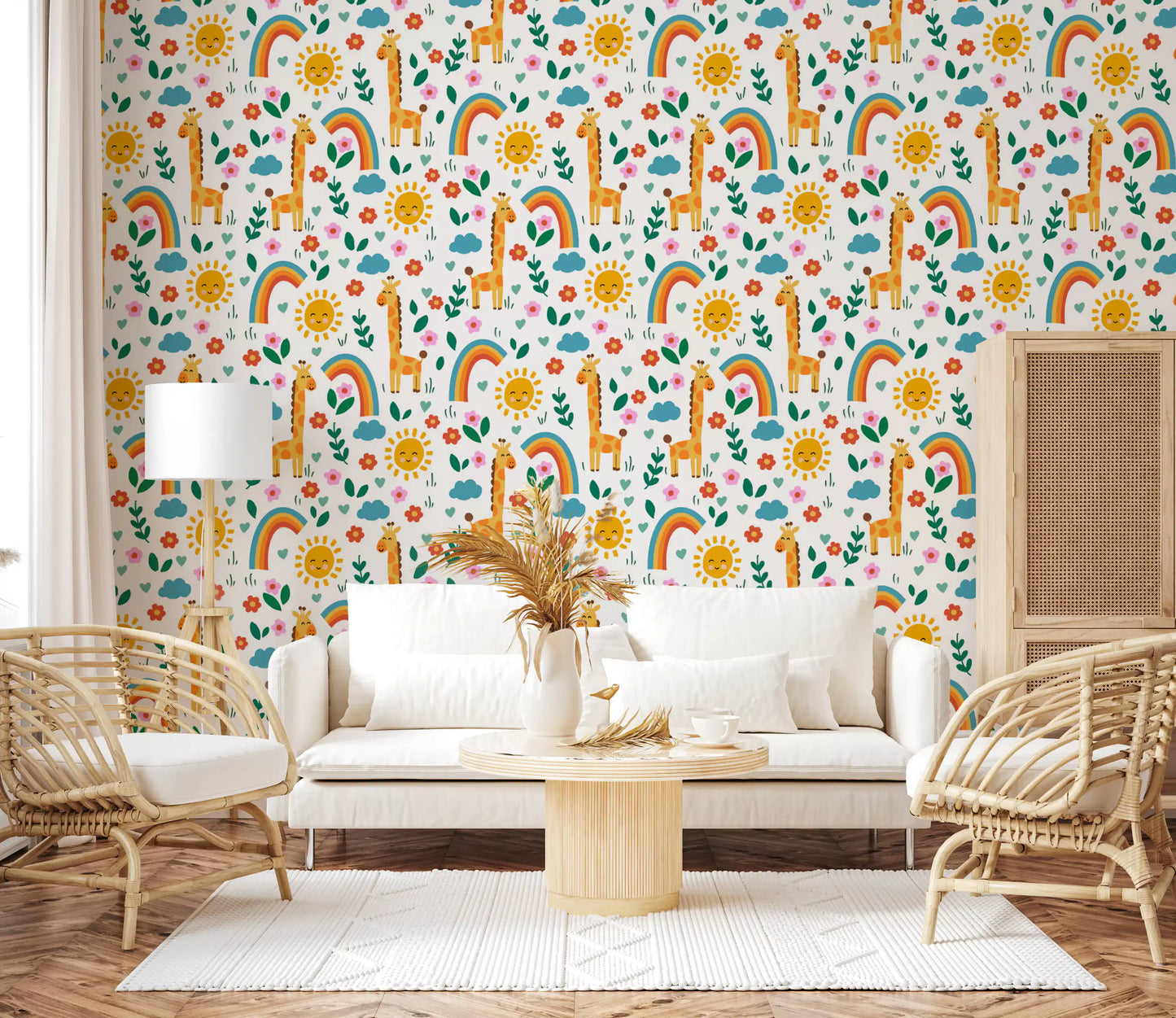 Children's wallpaper with happy giraffes and sun designs 