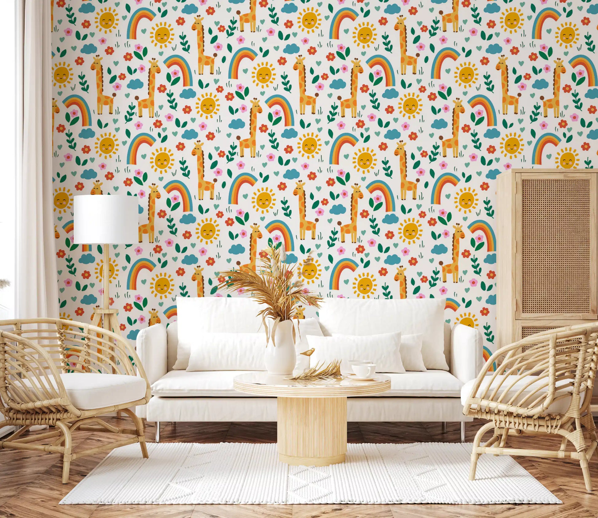 Children's wallpaper with happy giraffes and sun designs 