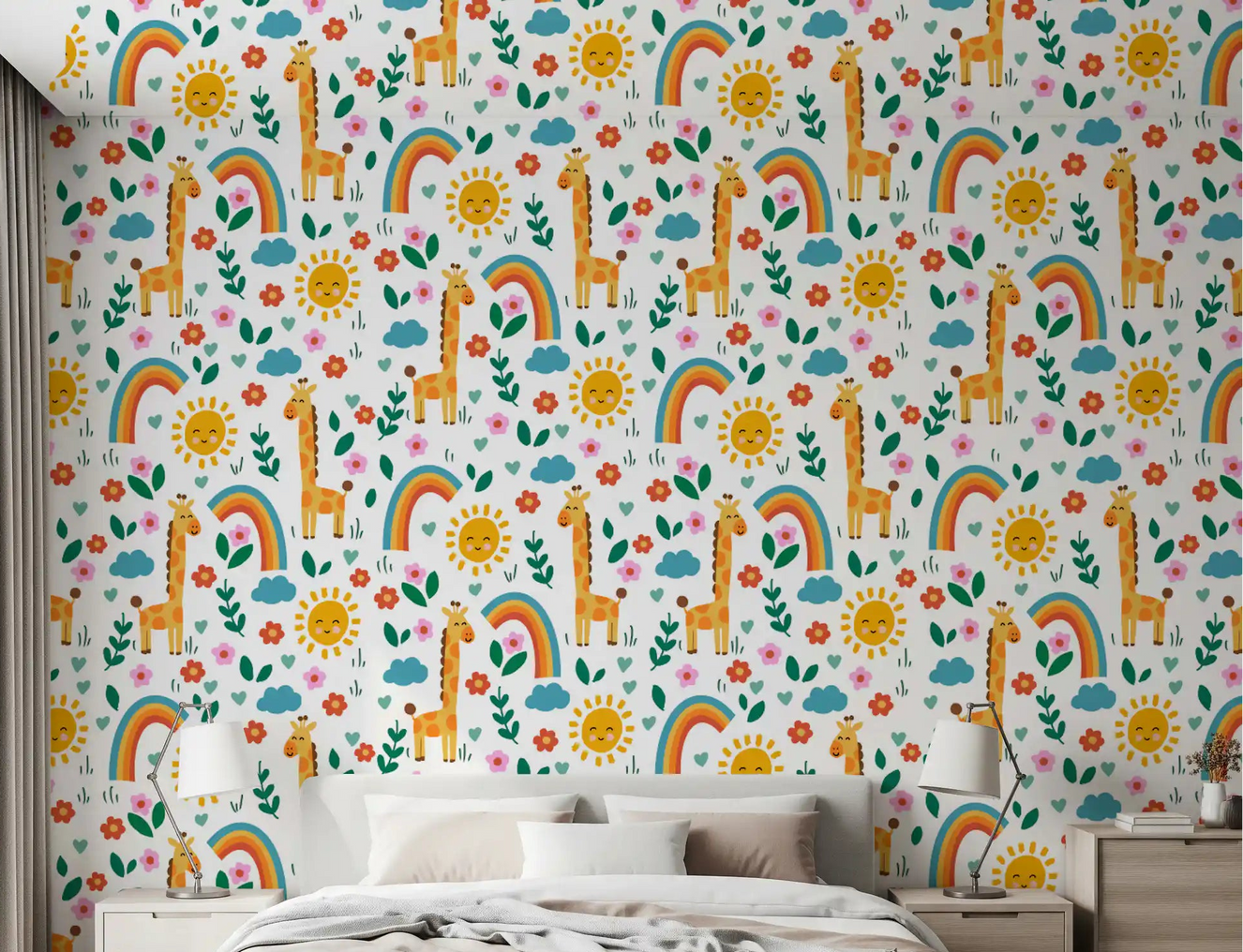 Reading nook bedroom wallpaper with smiling sun and flower illustrations