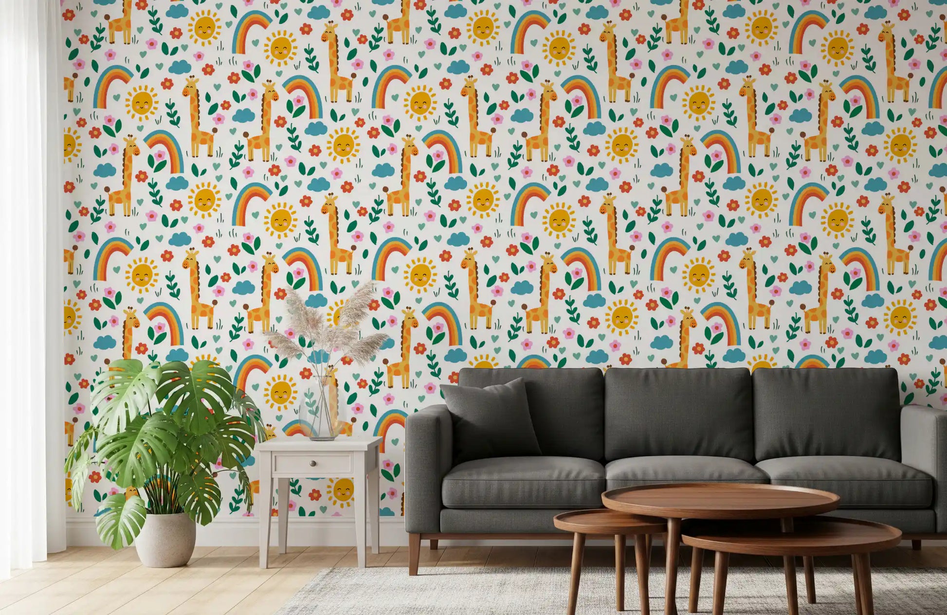 Hallway wallpaper with cute giraffe and rainbow scene