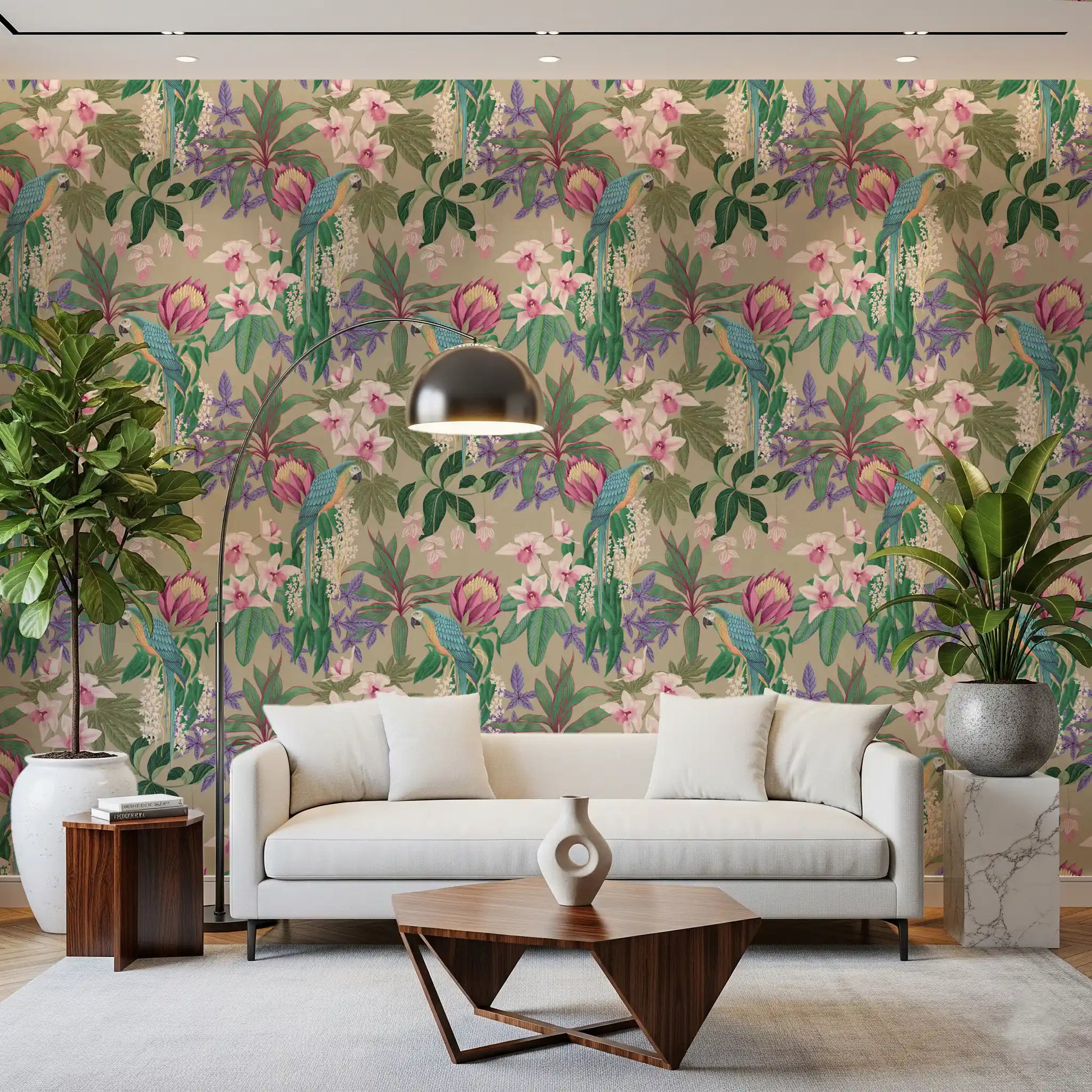 Orchid Bloom wallpaper showing tropical leaves, purple stems, and macaws