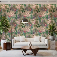 Orchid Bloom wallpaper showing tropical leaves, purple stems, and macaws