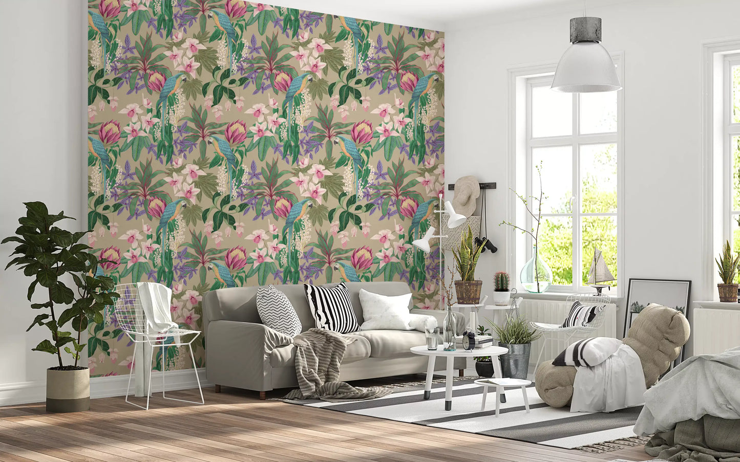 Hallway Tropical Bloom wallpaper with Macaw birds and orchid petals
