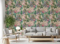 Macaw wallpaper with hanging floral clusters and warm beige background