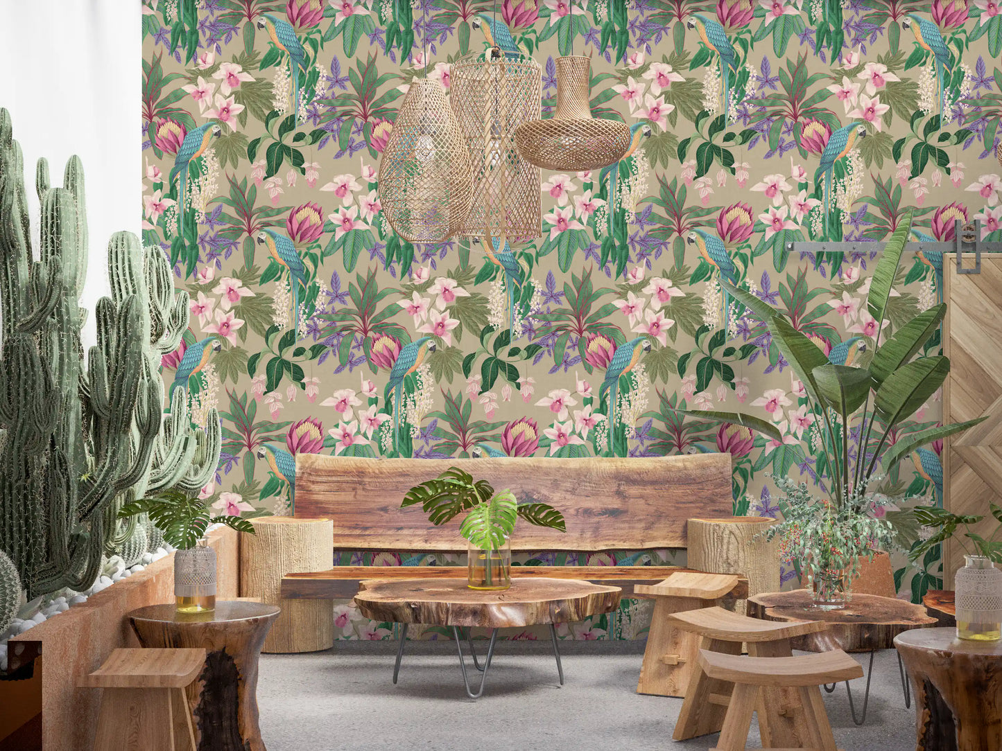 Tropical parrot wallpaper featuring orchid petals and layered green foliage