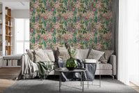 Living room Tropical Macaw wallpaper with Orchid Bloom flowers on beige
