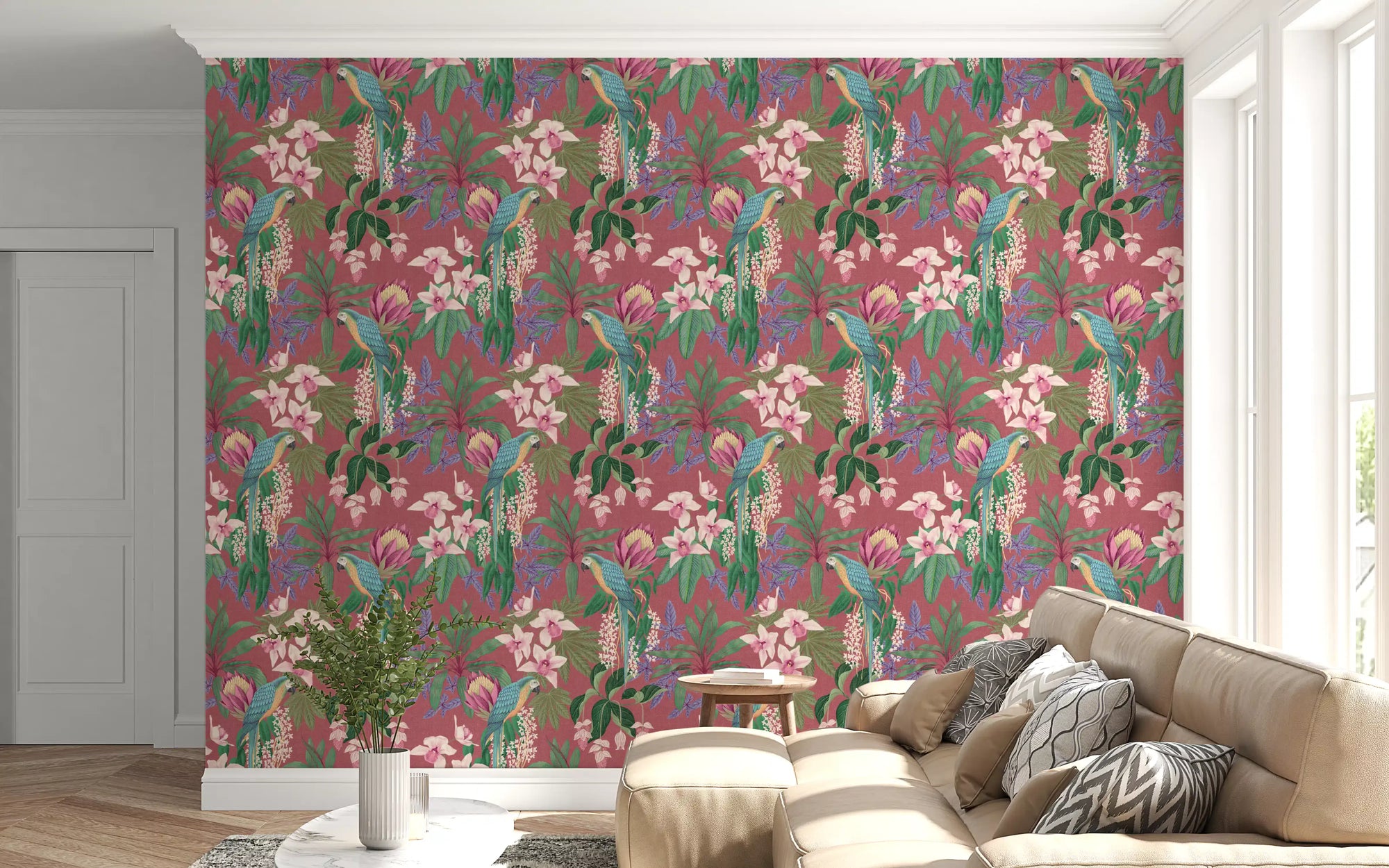 Living room Tropical Macaw wallpaper with Orchid Bloom flowers on pink