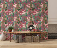 Home Pink Tropical wallpaper featuring Macaw birds and orchids