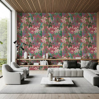 Tropical bird wallpaper featuring parrots, flowers, and layered jungle plants
