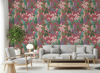 Tropical Macaw wallpaper with blue parrots, orchids, and green foliage