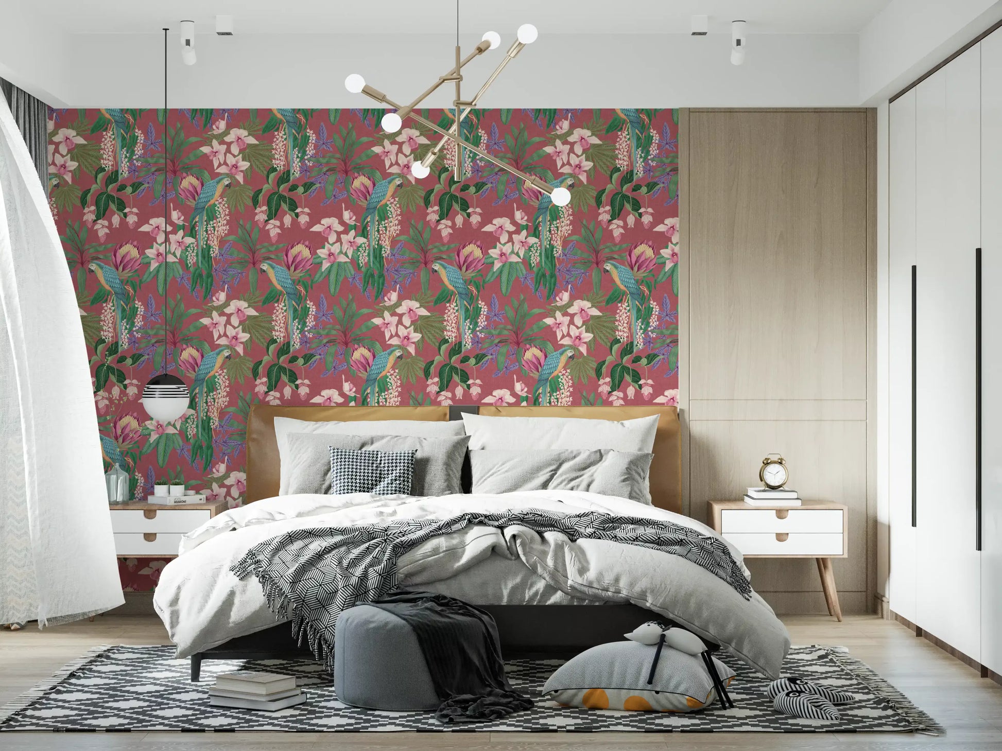 Macaw wallpaper with orchid petals, teal feathers, and rose-pink background