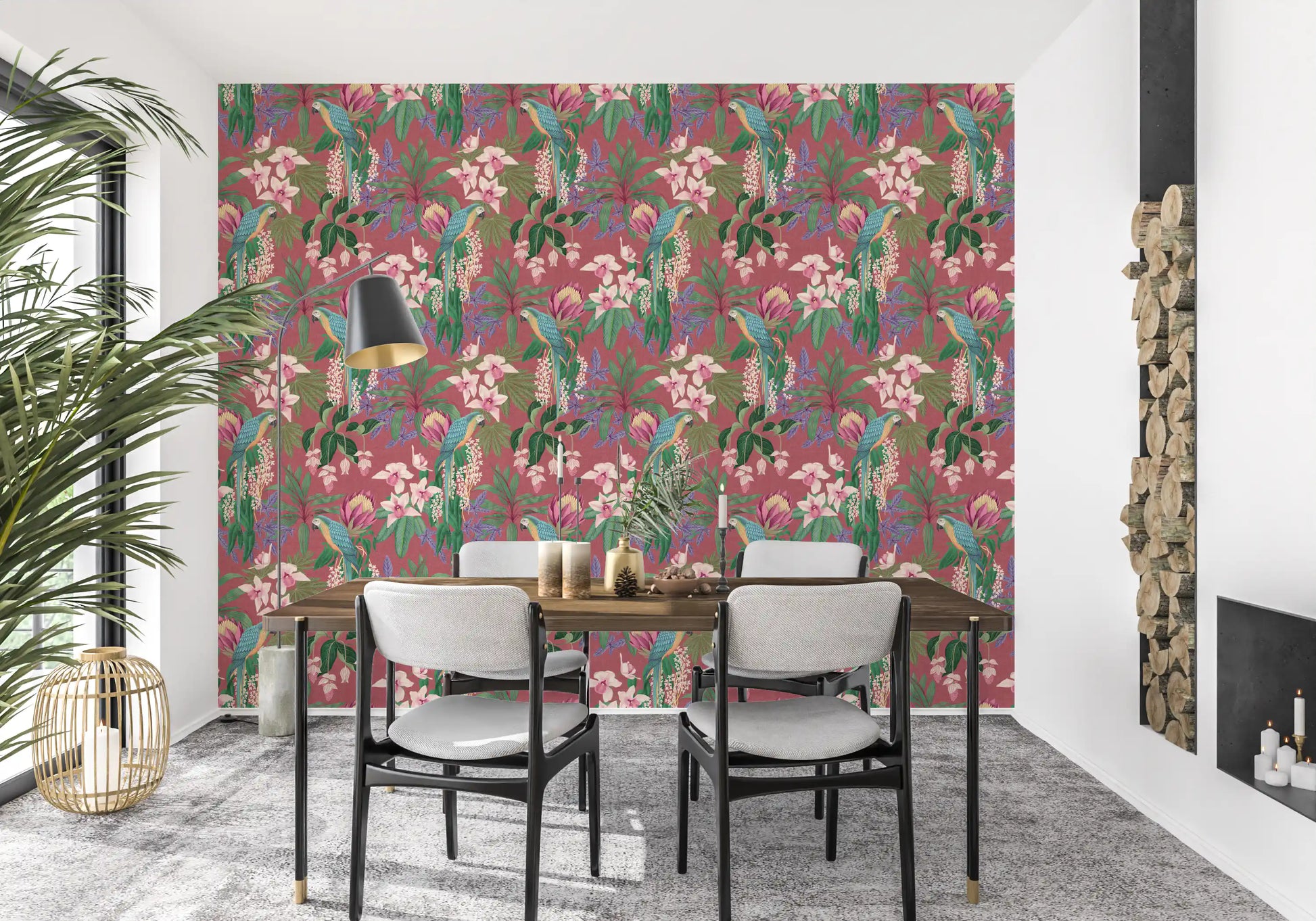 Pink orchid wallpaper with macaw artwork and bold botanical leaf shapes