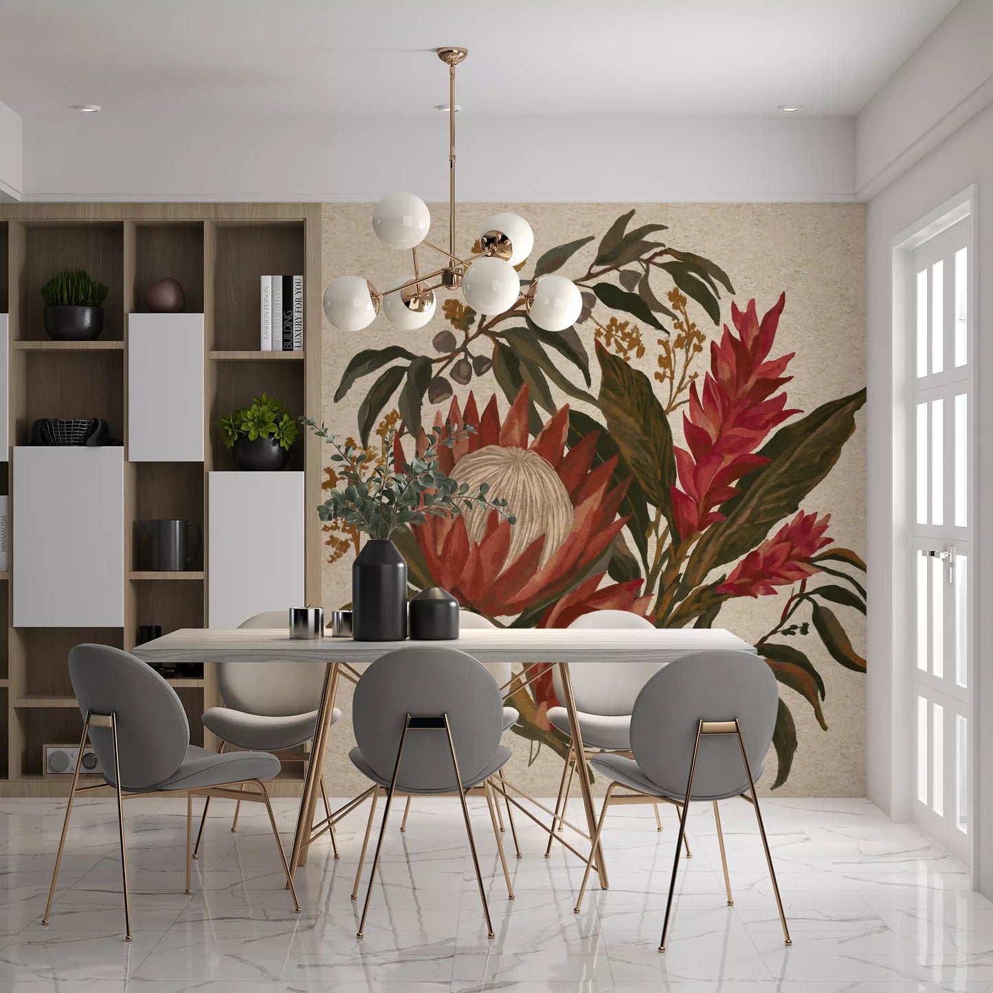Lili Bouquet wall mural with Exotic Blooms and Protea floral detail