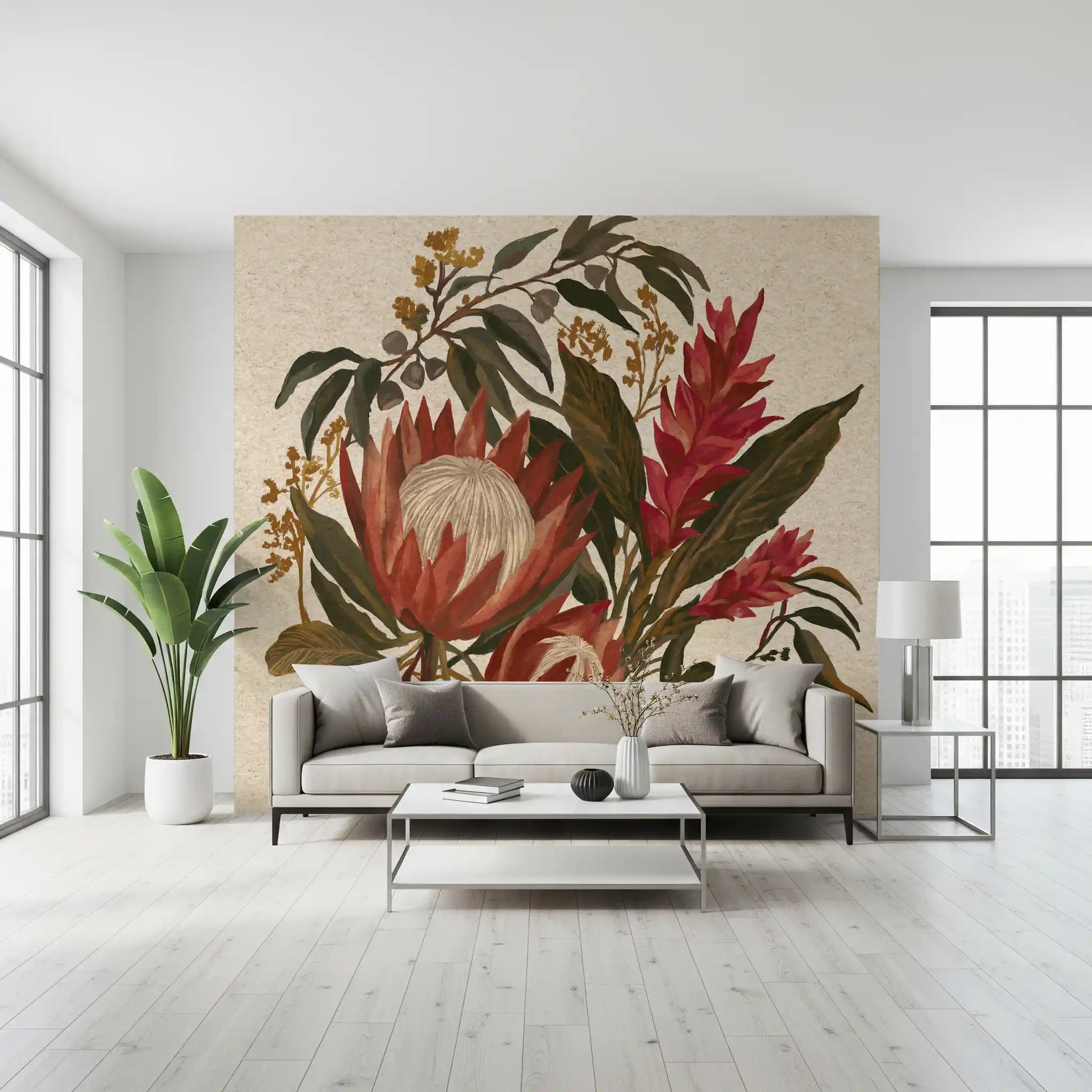 Exotic Earth Blooms wall mural with Protea Flowers and ginger bouquet
