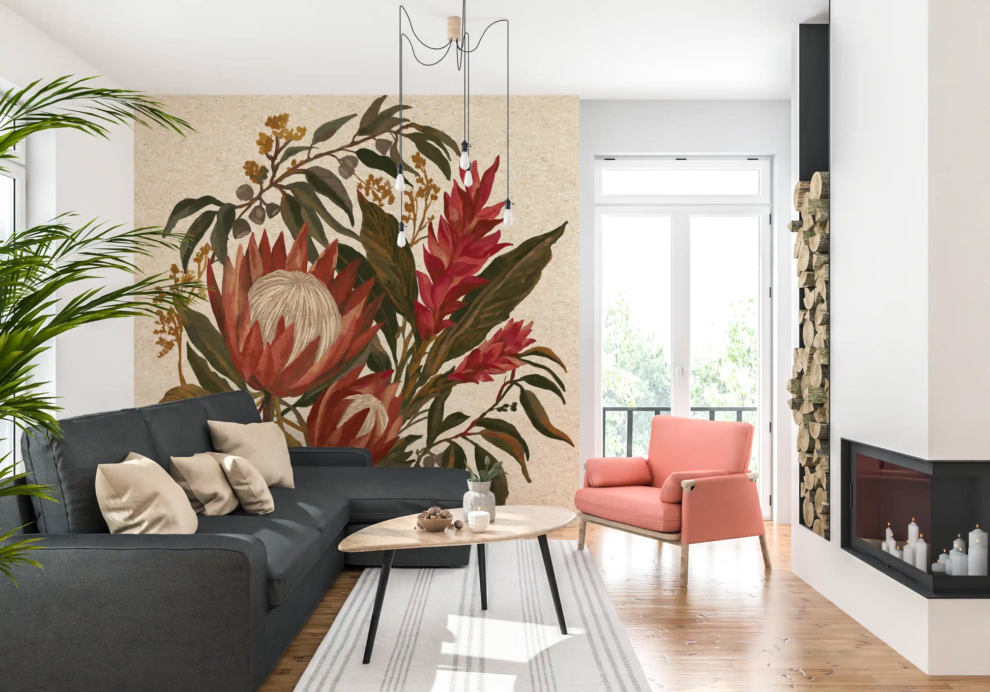 Hawaiian Ginger wall mural showing Protea bouquet and earthy blooms