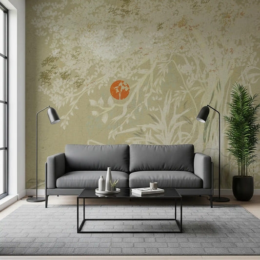 Living room Japanese Sunrise Wall Mural with weathered white branches