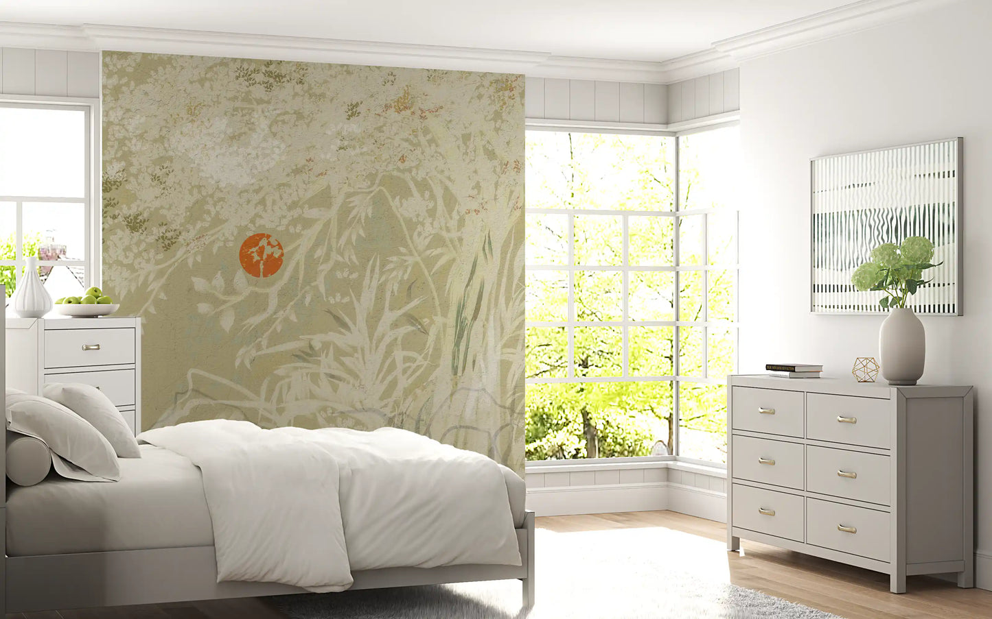 Sunrise Japandi mural with soft sage tones and delicate nature-inspired artwork
