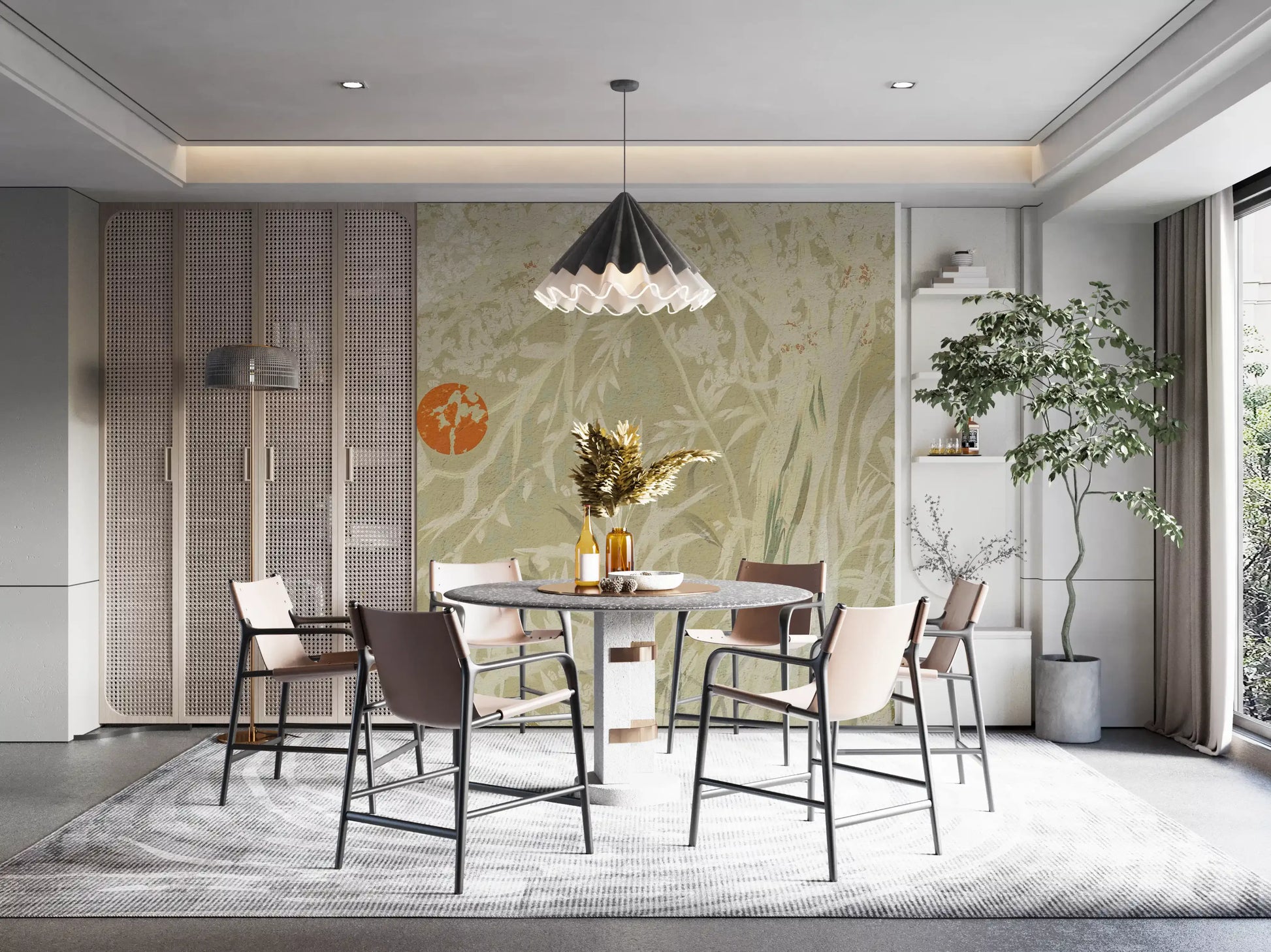 Weathered White Wall Mural with layered botanical shapes and calm scenic depth
