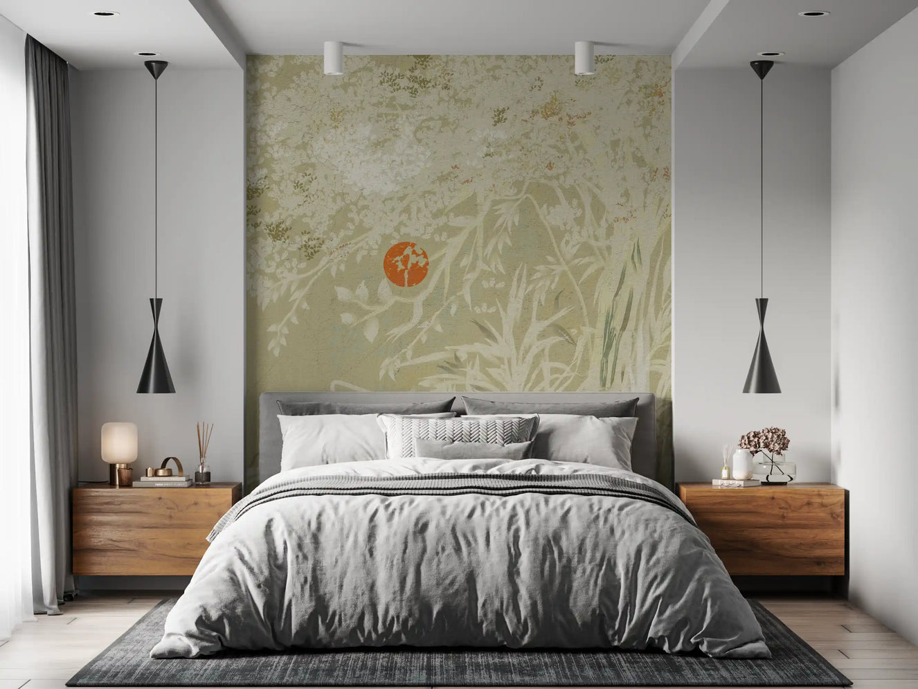 Zen Japanese Botanical Sunrise Japandi style Landscape with weathered White  Wall Mural
