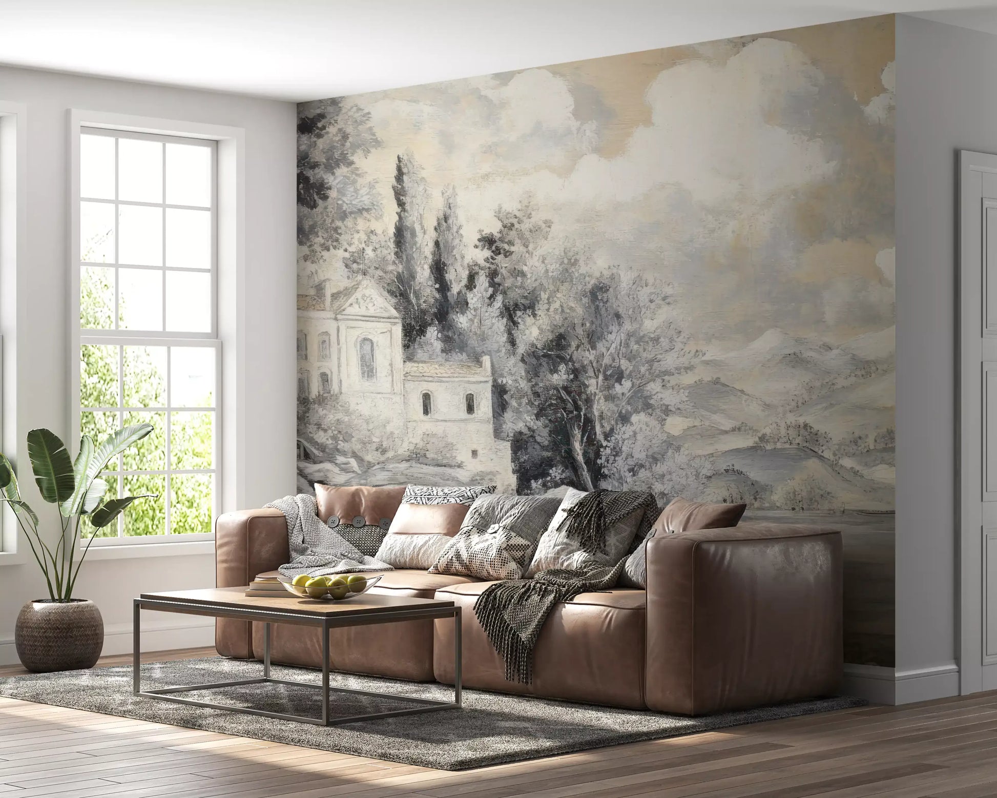 Lakeside Vista wall mural showing layered hills, soft sky, and painted water scene