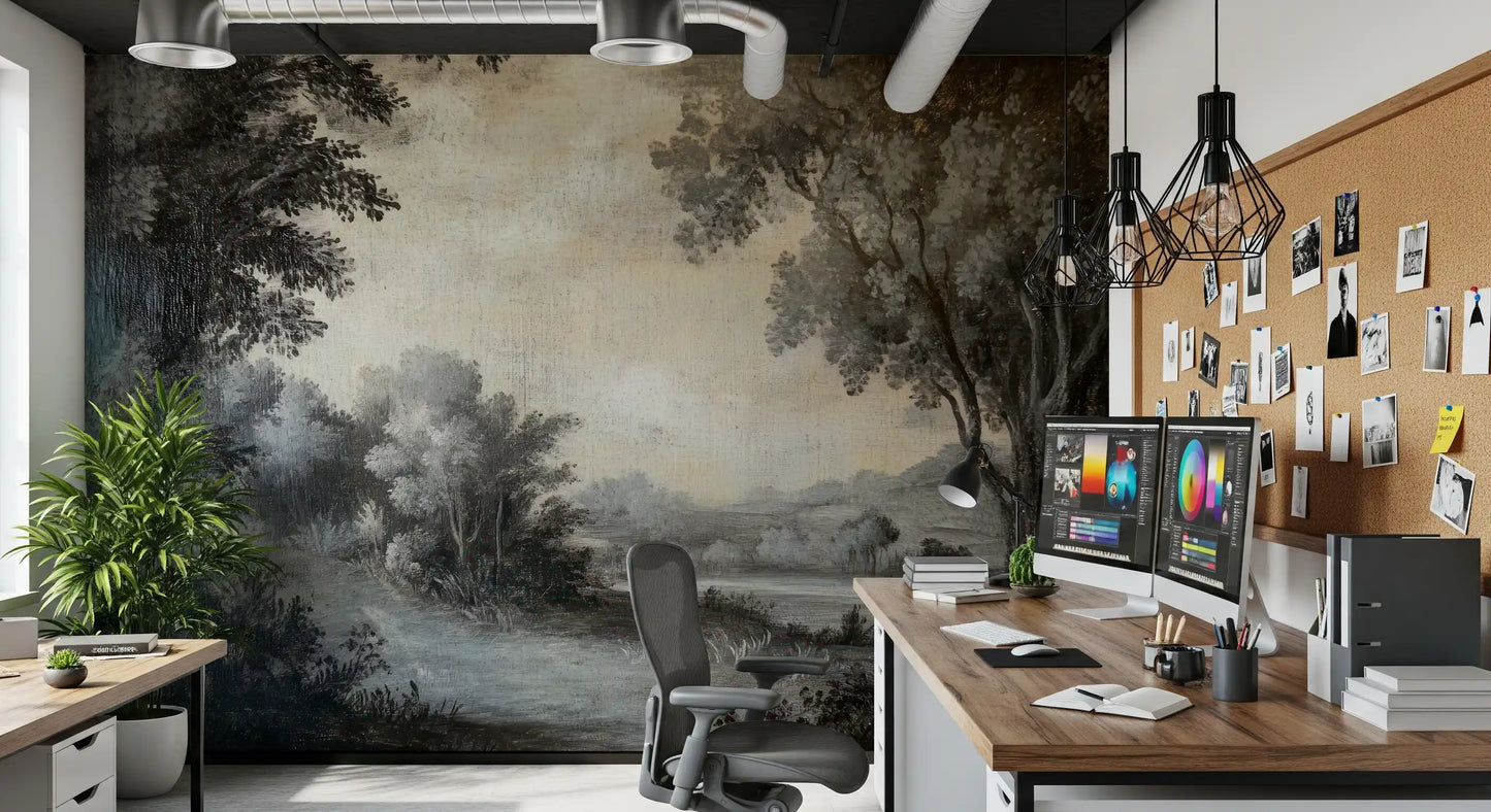 Office room wall mural using Monochrome Lakeside landscape artwork