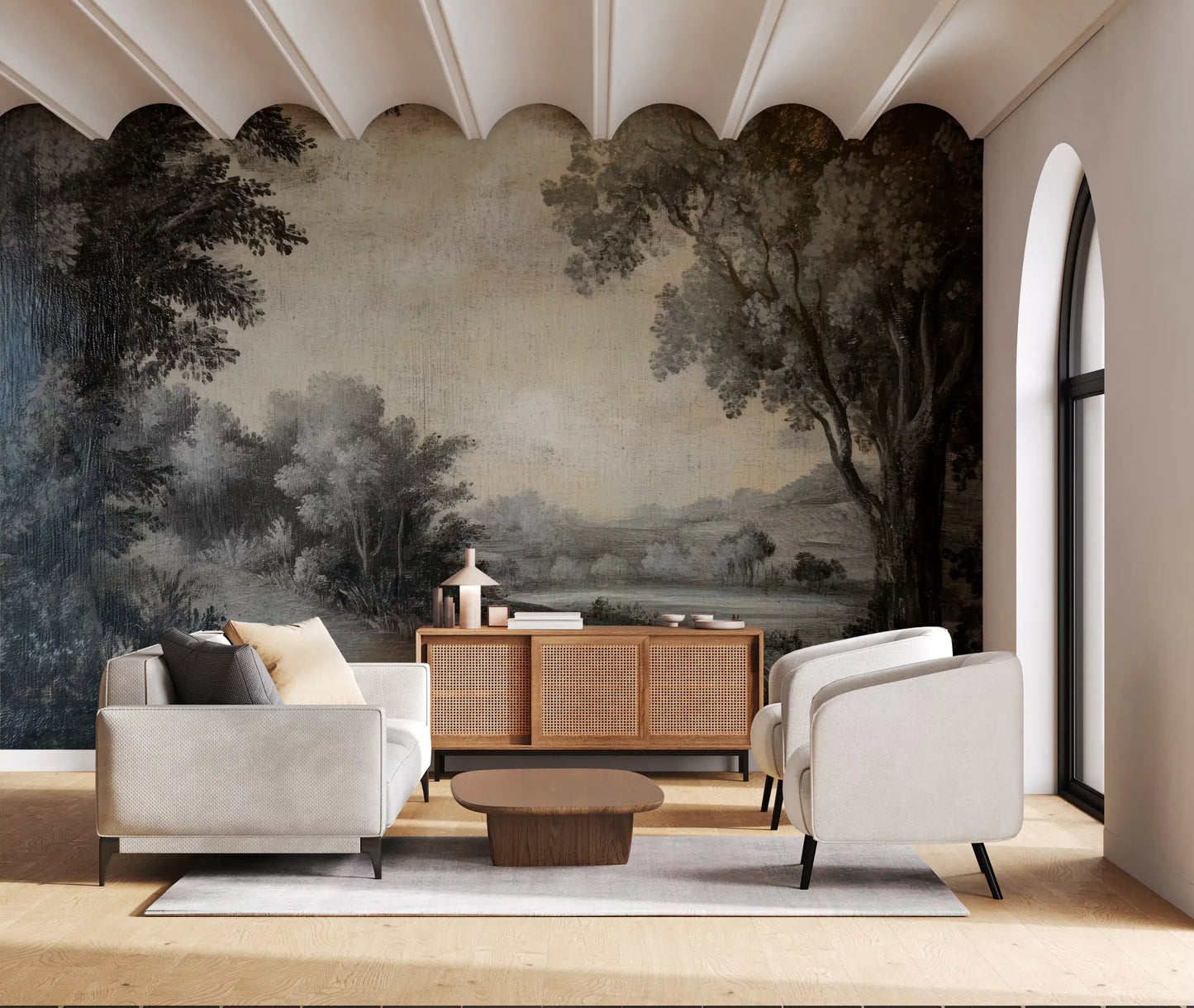 Living room wall mural with Lakeside Wall Mural water and woodland depth