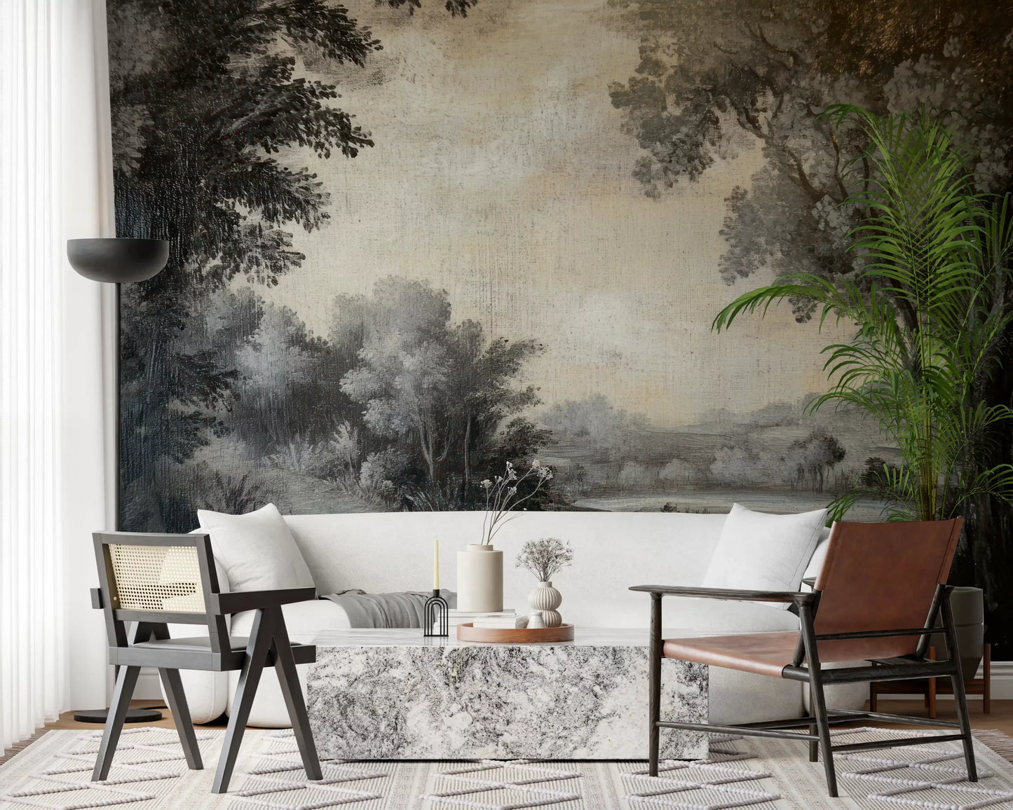 Lakeside wall mural featuring misty trees, pale sky, and calm scenic depth
