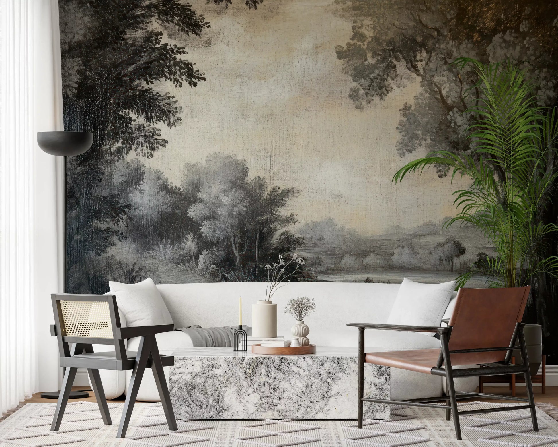 Lakeside wall mural featuring misty trees, pale sky, and calm scenic depth