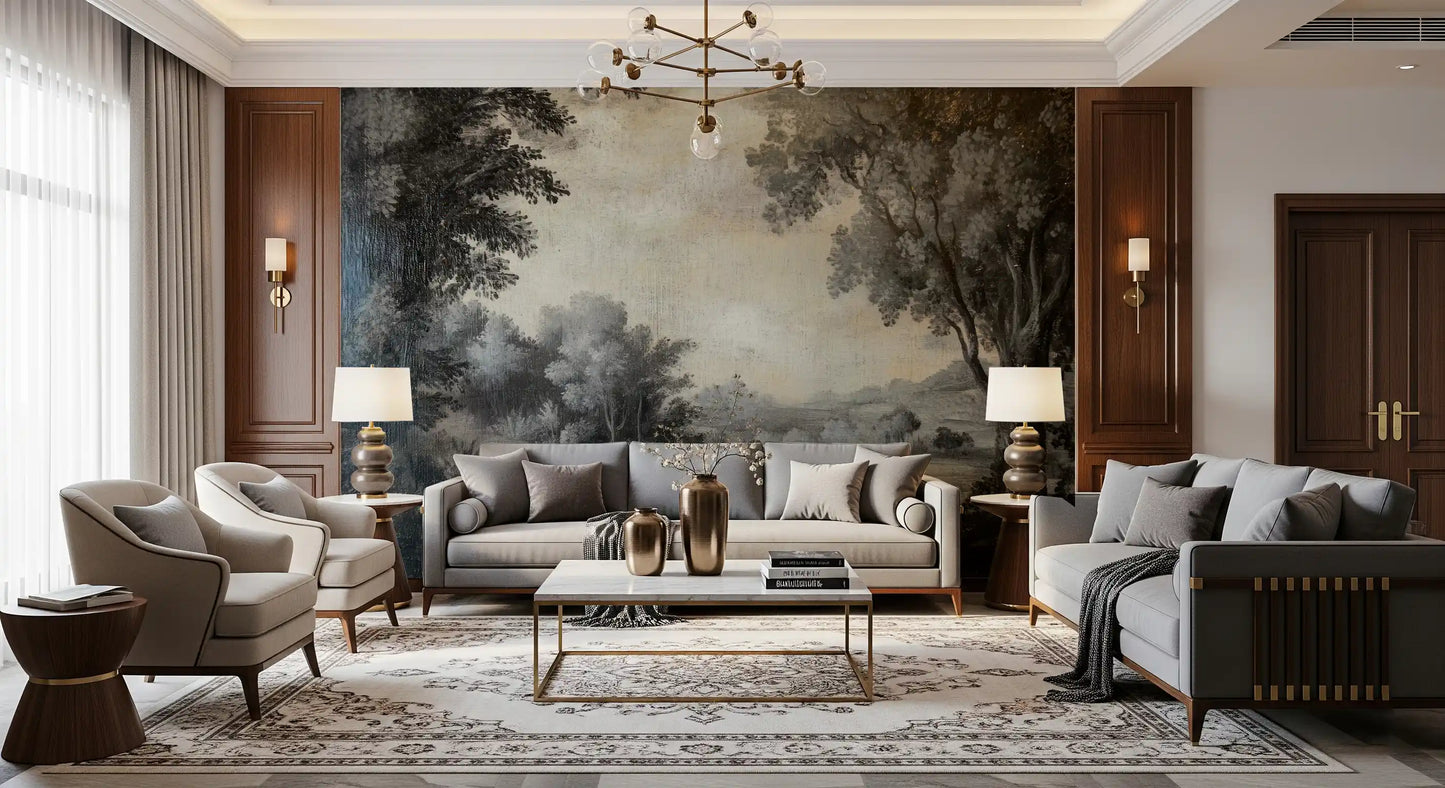 Lakeside Vista wall mural showing vintage landscape texture and grey tones
