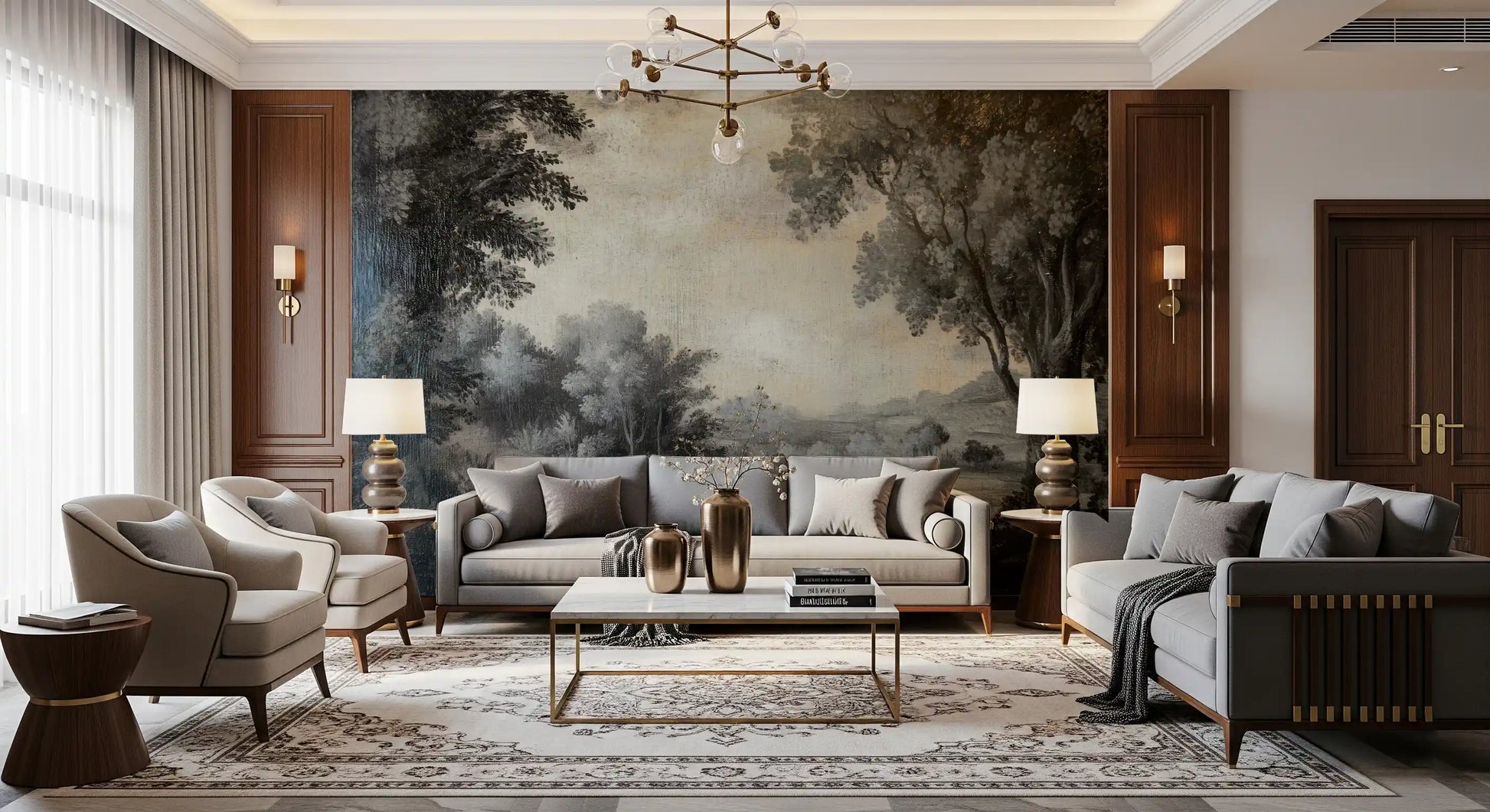 Lakeside Vista wall mural showing vintage landscape texture and grey tones