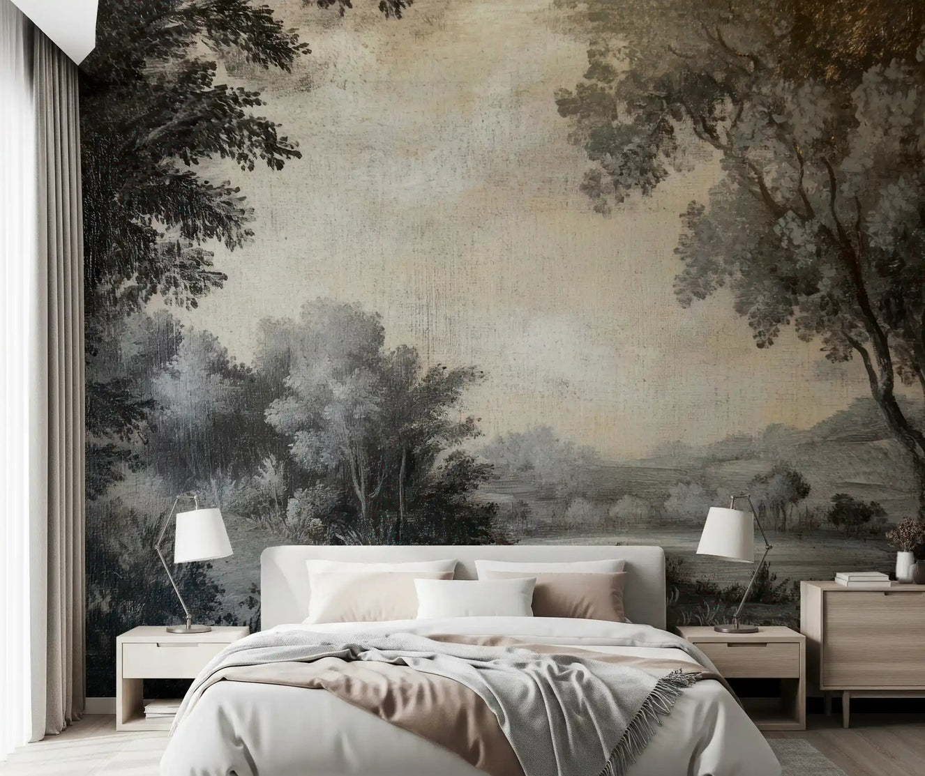 Monochrome Lakeside Vista Wall Mural