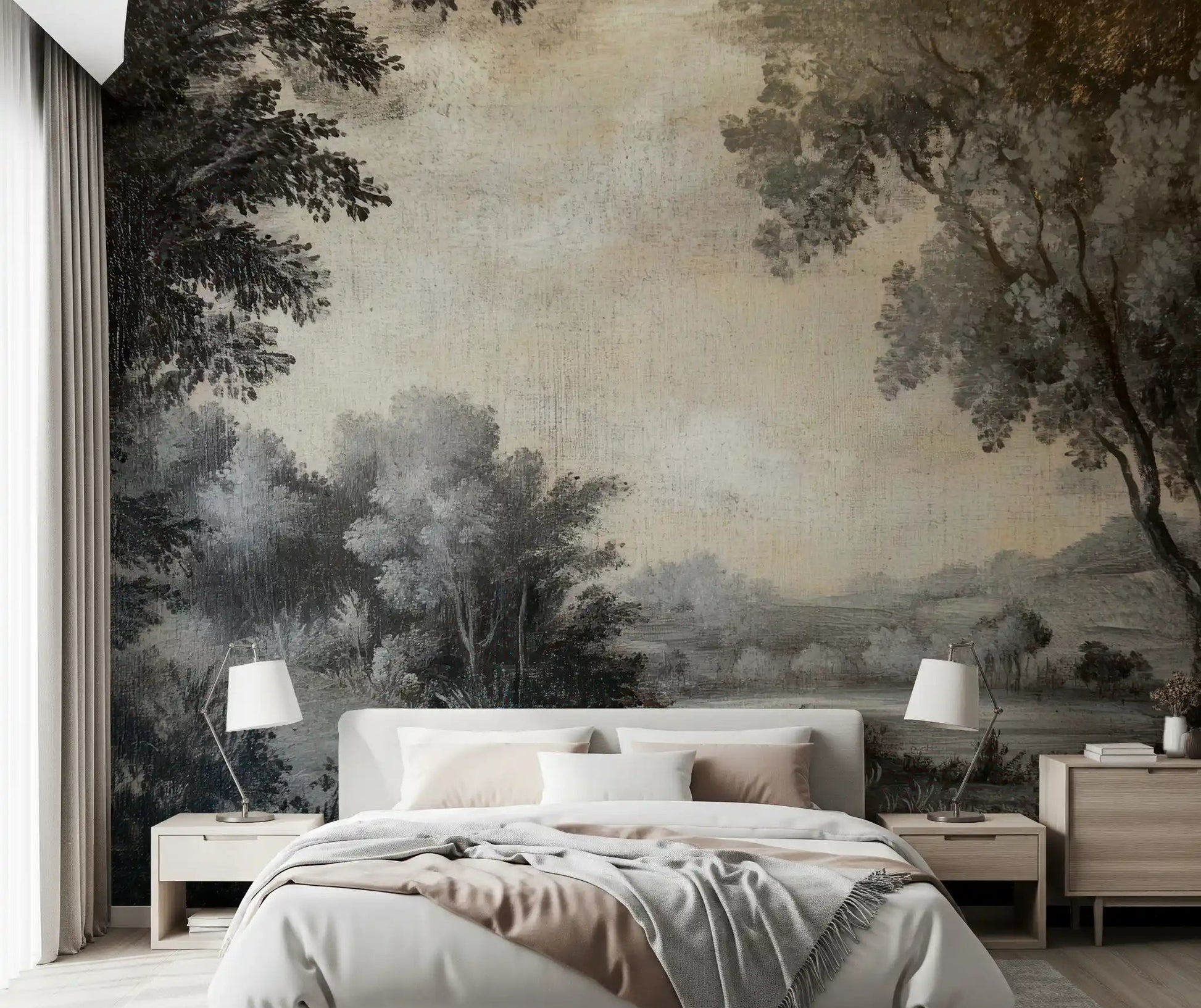 Bedroom wall mural with Monochrome Lakeside Vista trees and calm water