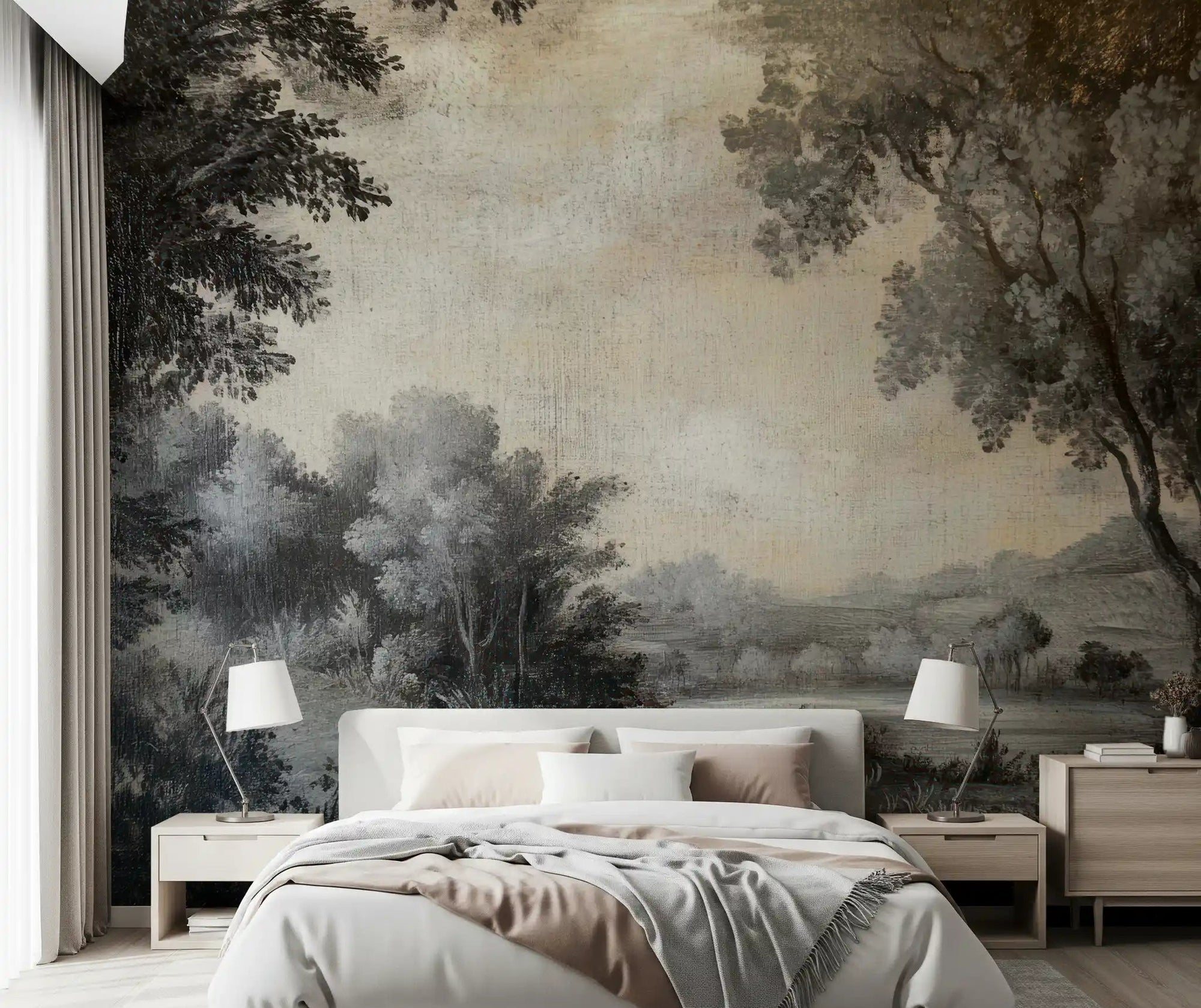 Bedroom wall mural with Monochrome Lakeside Vista trees and calm water
