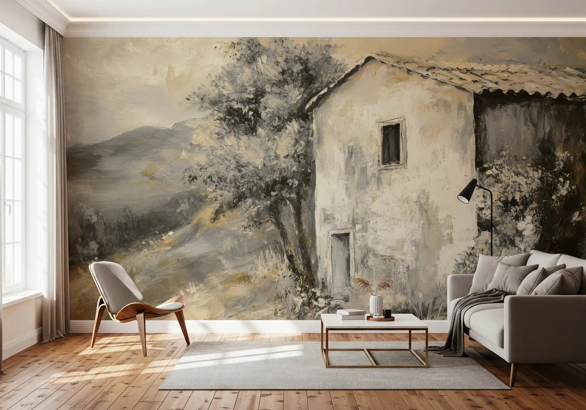 Living room wall mural with Rustic Retreat cottage and muted hillside view