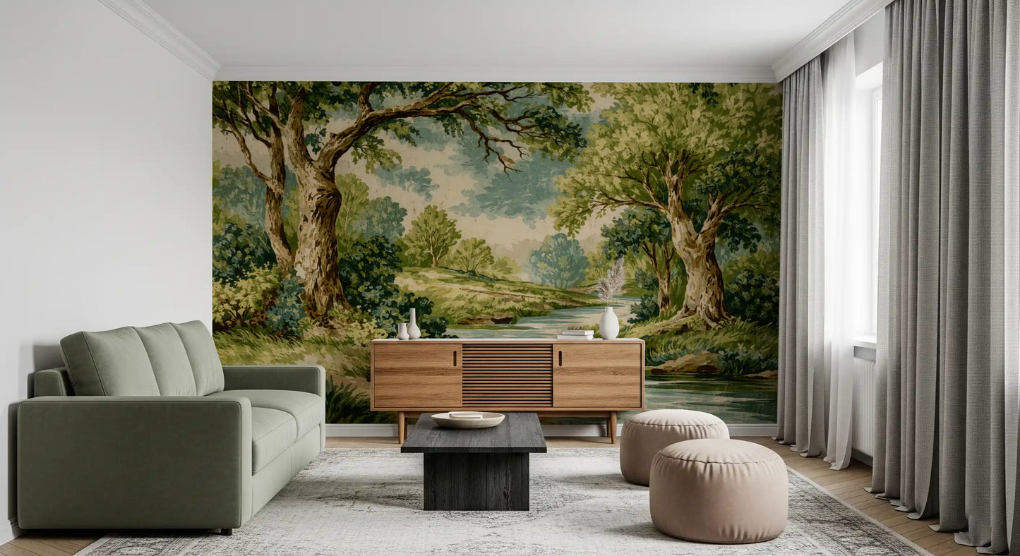 Woodland River Bend Wall Mural with old trunks and reflective stream tones