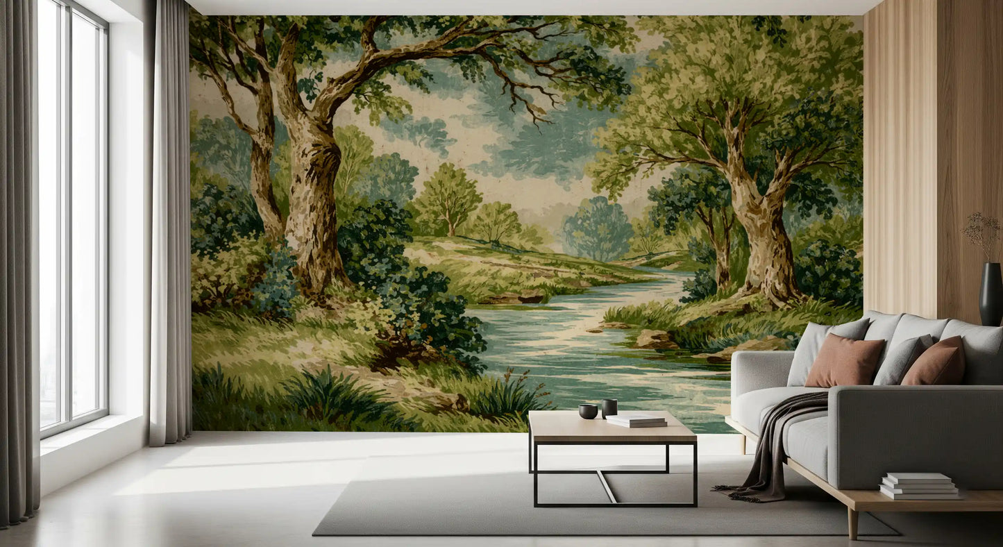 Living room using tree-lined mural with stones, grass, and calm water