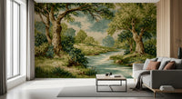 Living room using tree-lined mural with stones, grass, and calm water