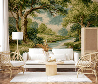 Creek wall mural showing soft banks, overhanging branches, and open water