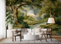 Hallway featuring riverbank mural with trunks, plants, and teal water