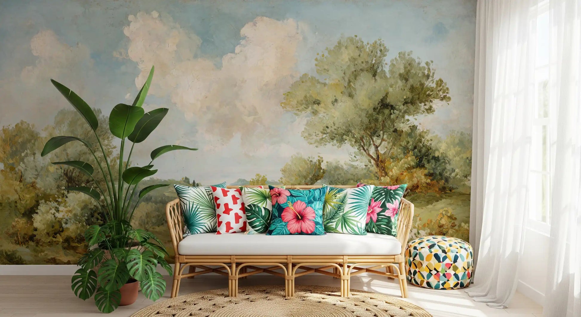 Nature mural with soft green hills, tree clusters, and calm sky detail