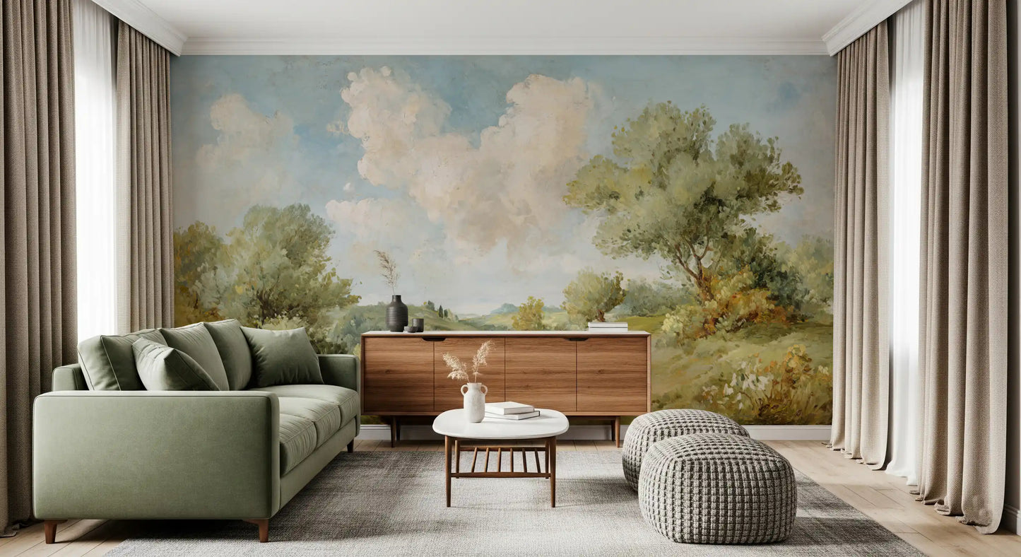Living room wall mural with Timeless Hills scenery and soft cloud detail