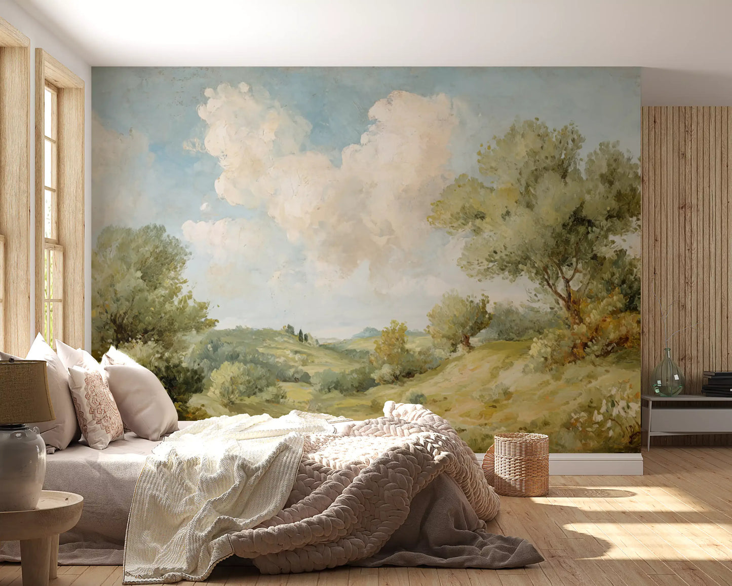 Landscape wall mural featuring pale clouds and rolling rural scenery