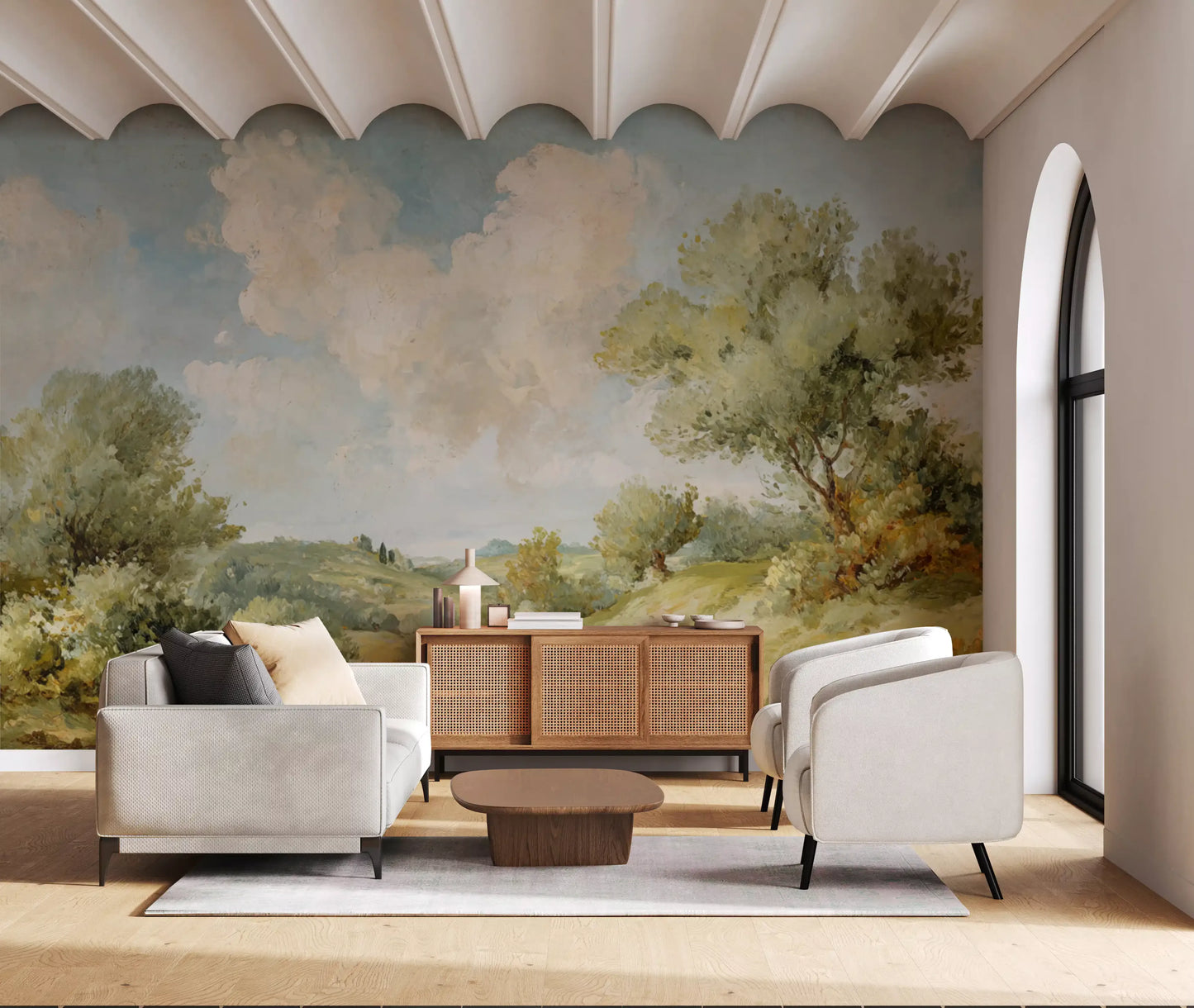 Painted Vista mural showing soft hills, clouds, and countryside greenery