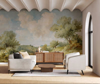 Painted Vista mural showing soft hills, clouds, and countryside greenery
