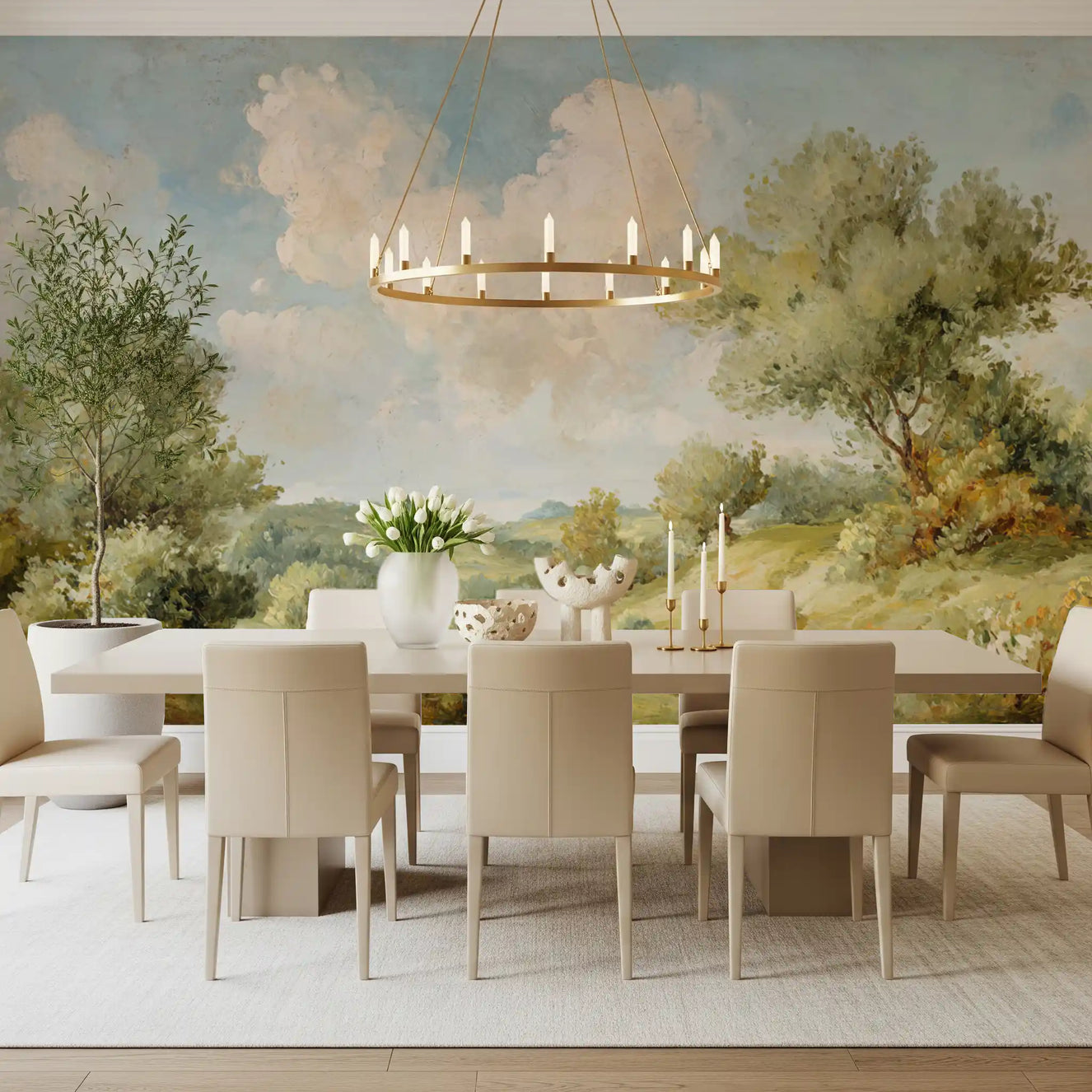 Timeless Hills wall mural with open sky, green slopes, and tree forms