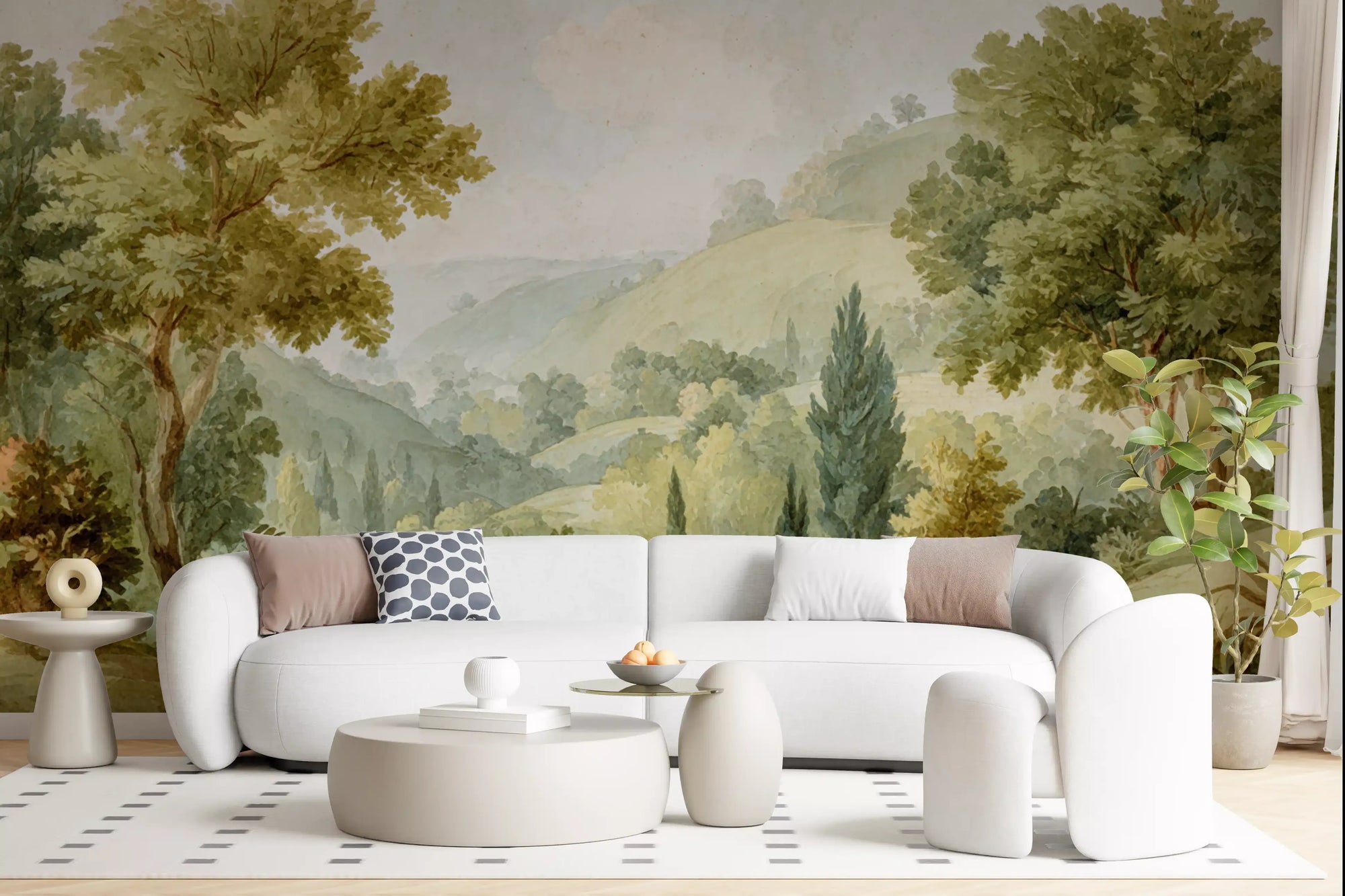 Living room wall mural with Serene Valley Vista and soft green hills