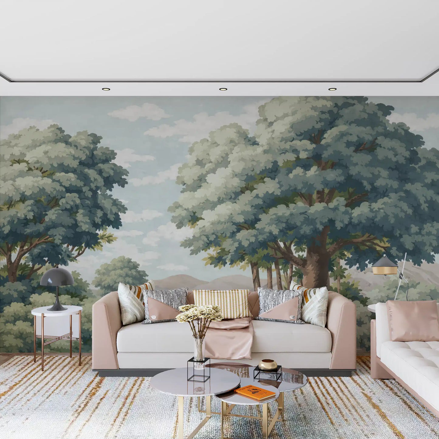 Tree lake mural with shaded shrubs, open water, and gentle scenic balance