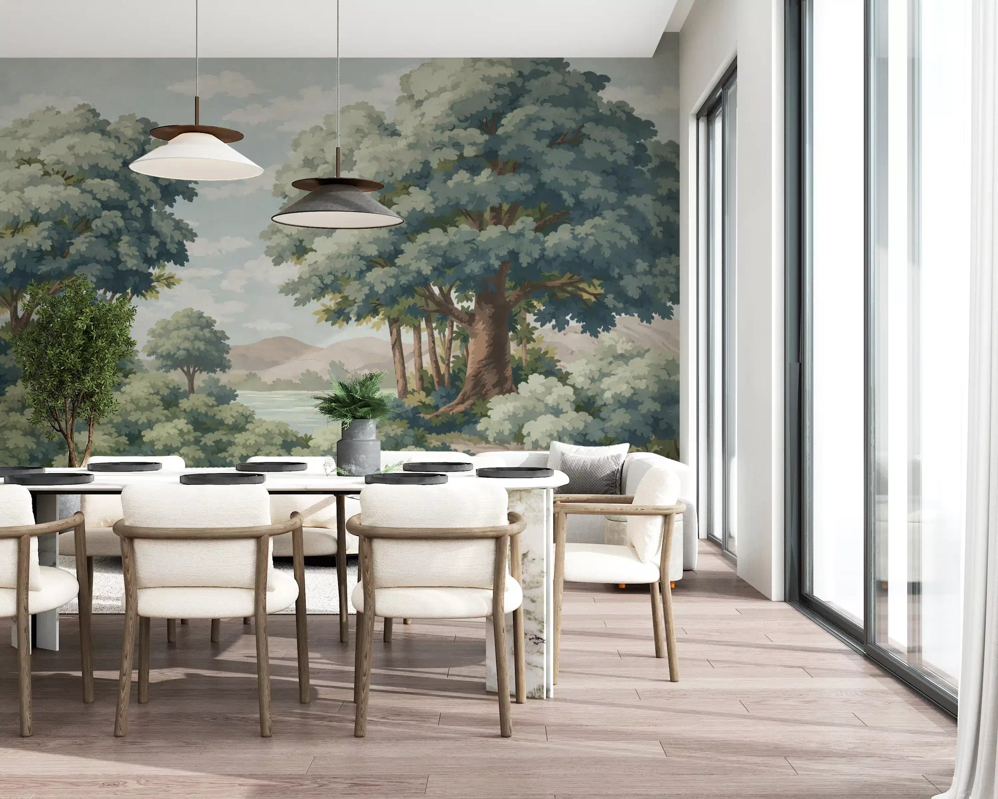 Green wall mural featuring full tree crowns and peaceful lakeside detail